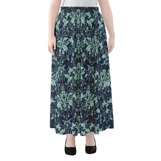 Blue And Teal Damask Pattern Print Chiffon Maxi Skirt