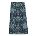Blue And Teal Damask Pattern Print Cotton Front Slit Maxi Skirt