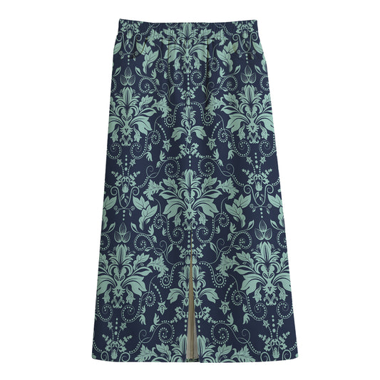 Blue And Teal Damask Pattern Print Cotton Front Slit Maxi Skirt