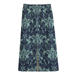 Blue And Teal Damask Pattern Print Cotton Front Slit Maxi Skirt