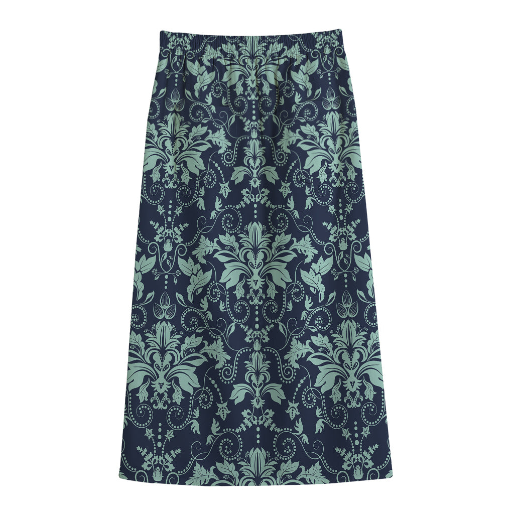 Blue And Teal Damask Pattern Print Cotton Front Slit Maxi Skirt