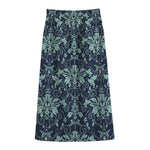 Blue And Teal Damask Pattern Print Cotton Front Slit Maxi Skirt