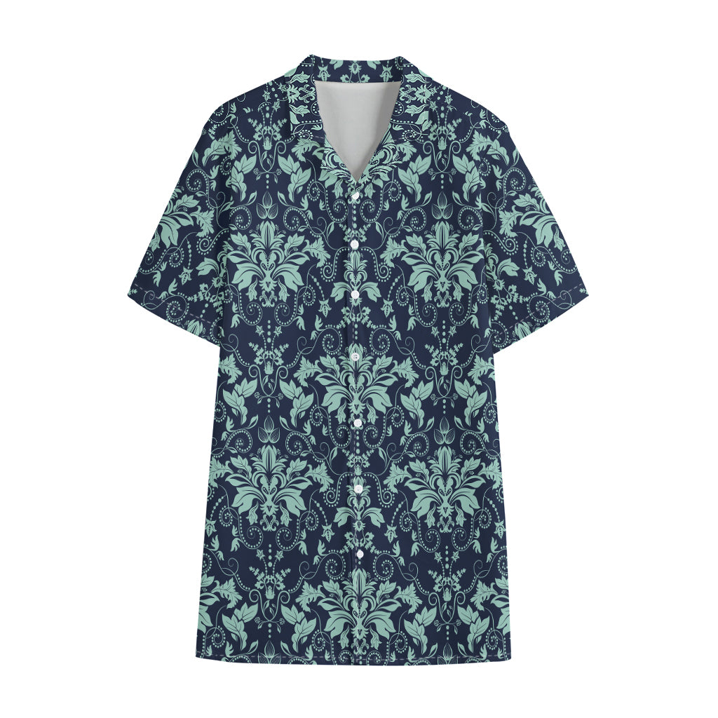 Blue And Teal Damask Pattern Print Cotton Hawaiian Shirt