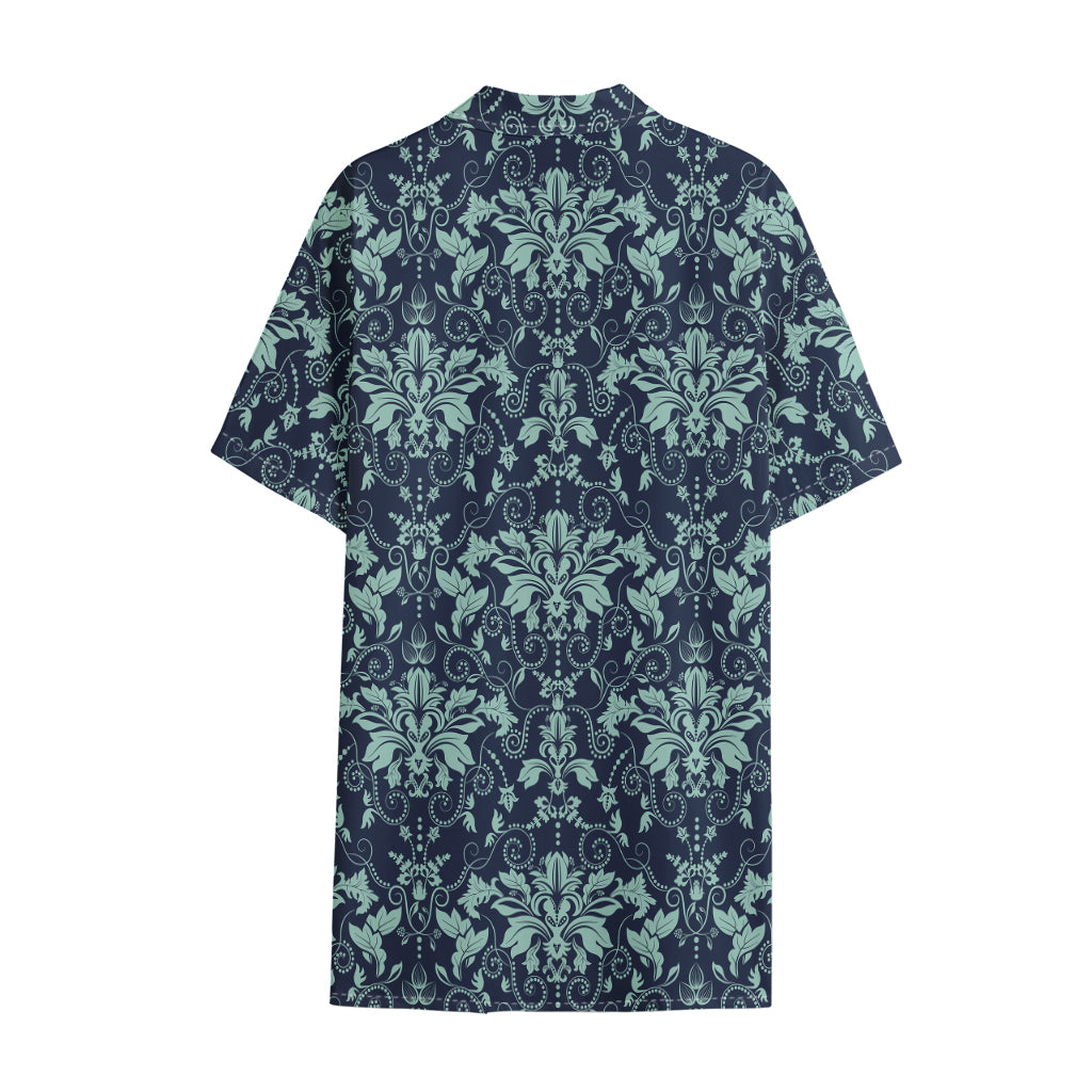 Blue And Teal Damask Pattern Print Cotton Hawaiian Shirt