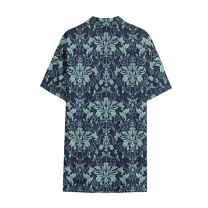 Blue And Teal Damask Pattern Print Cotton Hawaiian Shirt