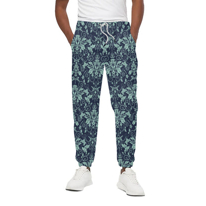 Blue And Teal Damask Pattern Print Cotton Pants