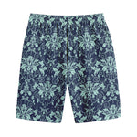 Blue And Teal Damask Pattern Print Cotton Shorts