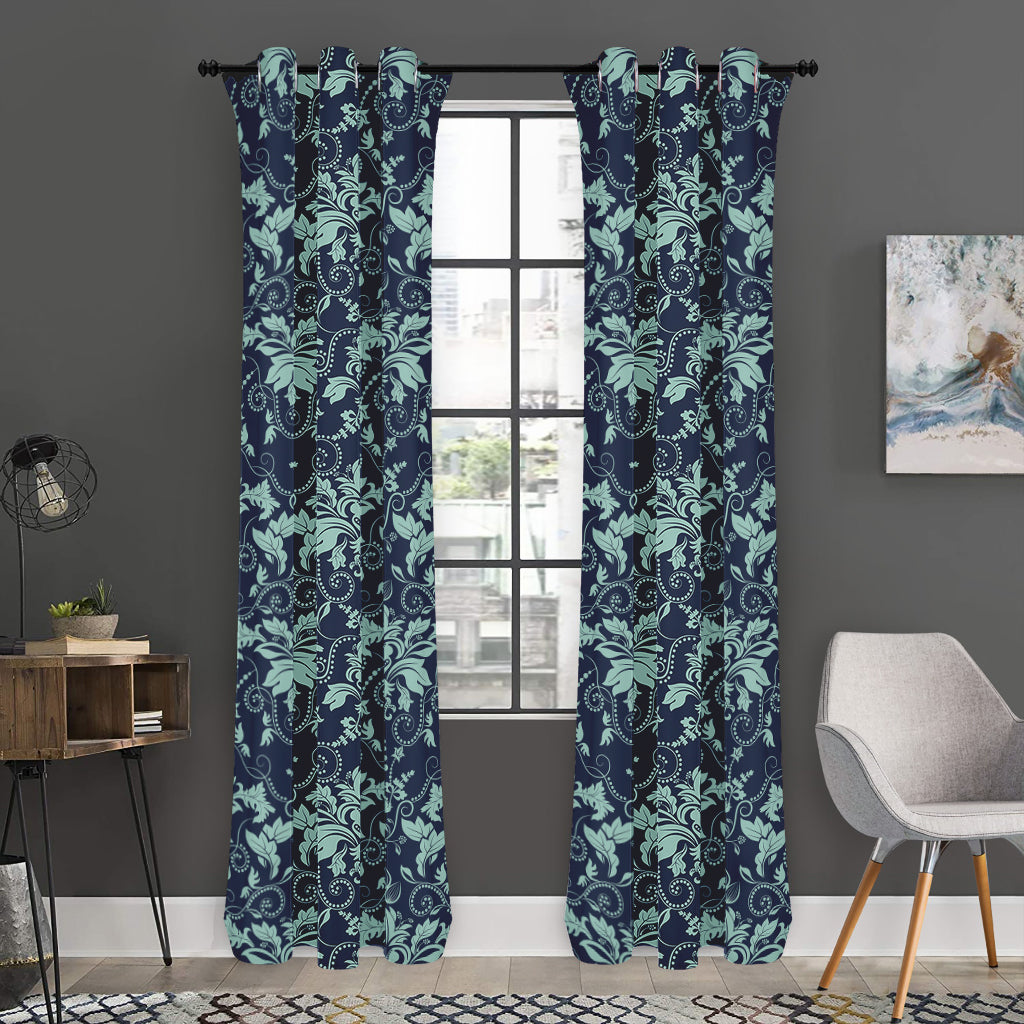 Blue And Teal Damask Pattern Print Curtain