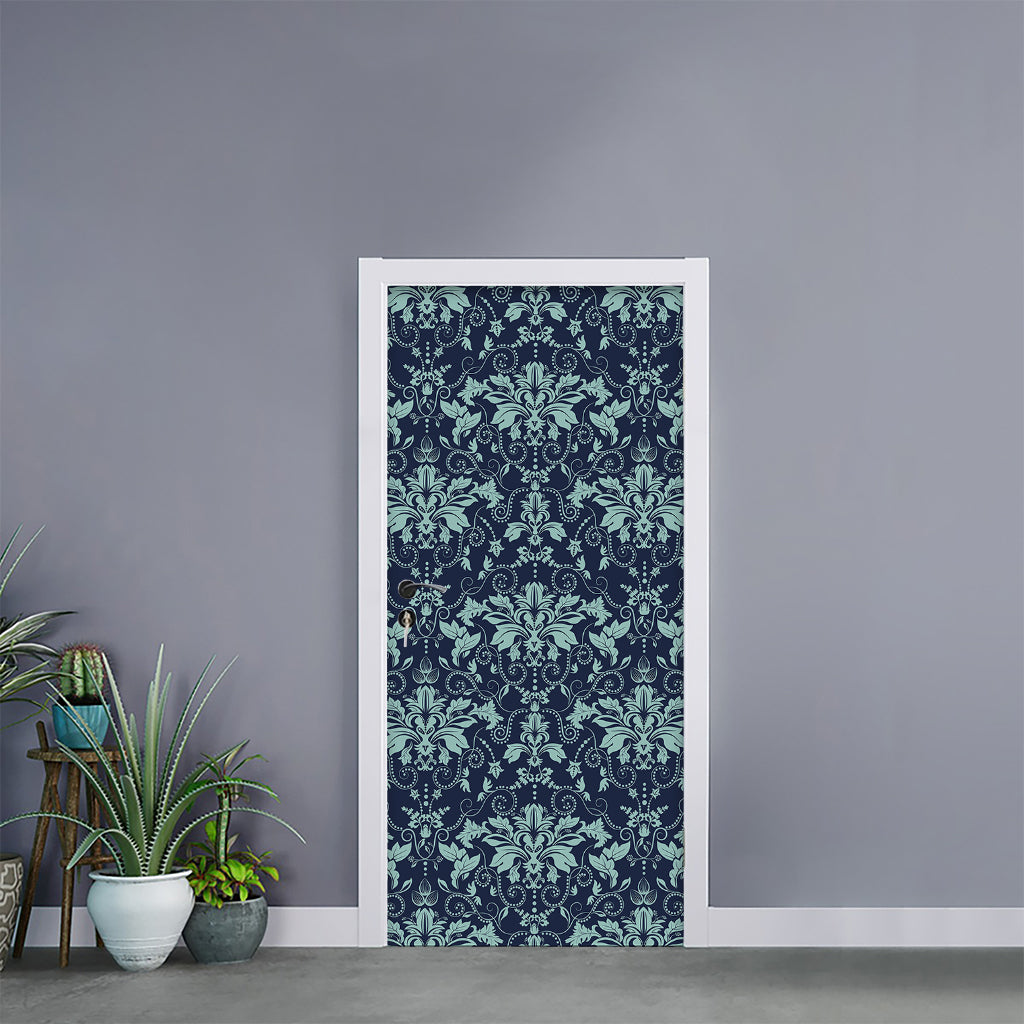 Blue And Teal Damask Pattern Print Door Sticker