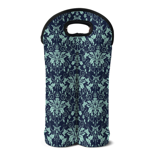 Blue And Teal Damask Pattern Print Double Neoprene Wine Tote