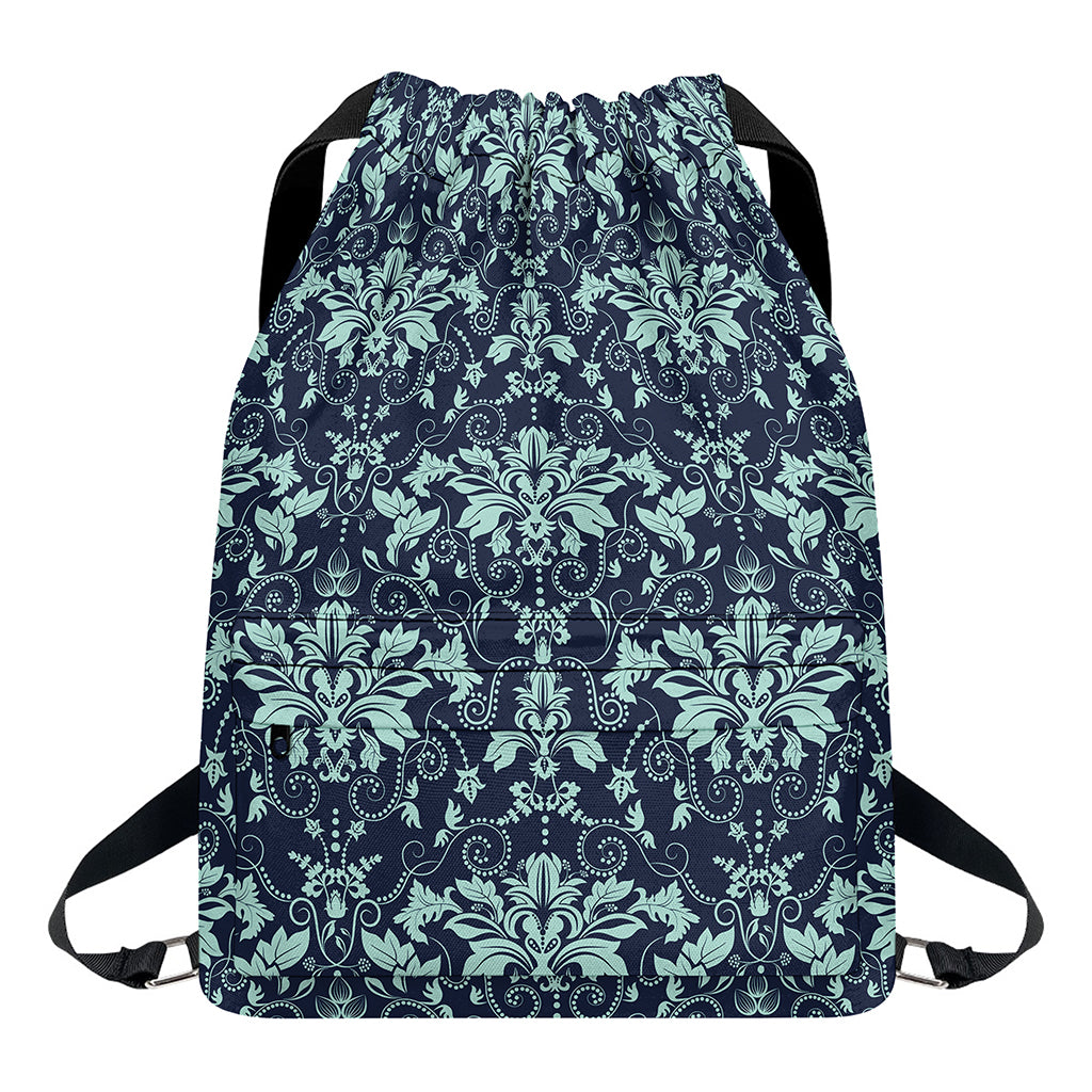 Blue And Teal Damask Pattern Print Drawstring Backpack