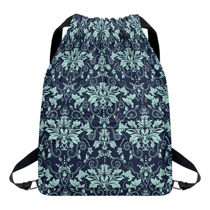 Blue And Teal Damask Pattern Print Drawstring Backpack