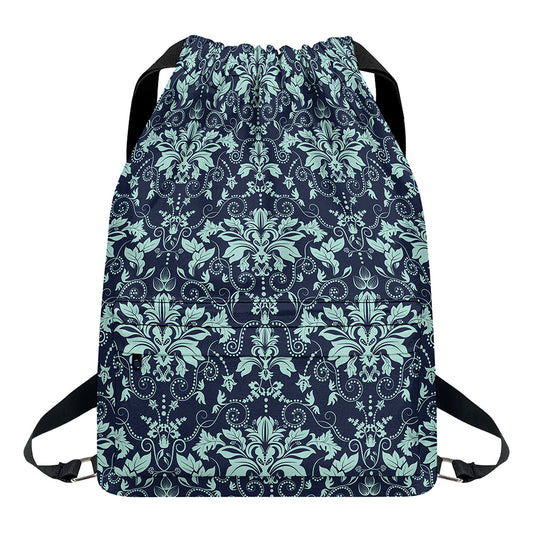 Blue And Teal Damask Pattern Print Drawstring Backpack