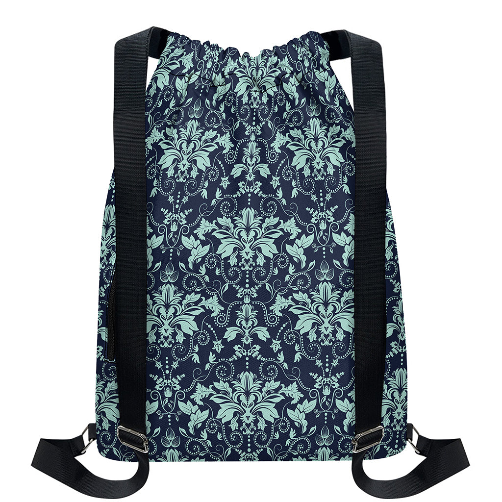 Blue And Teal Damask Pattern Print Drawstring Backpack