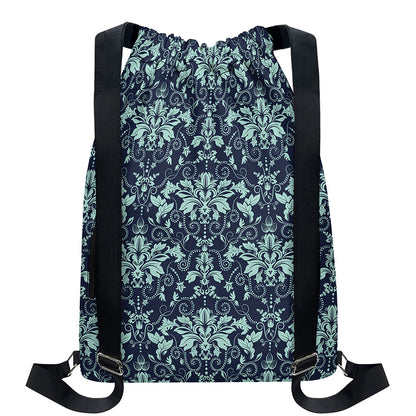 Blue And Teal Damask Pattern Print Drawstring Backpack