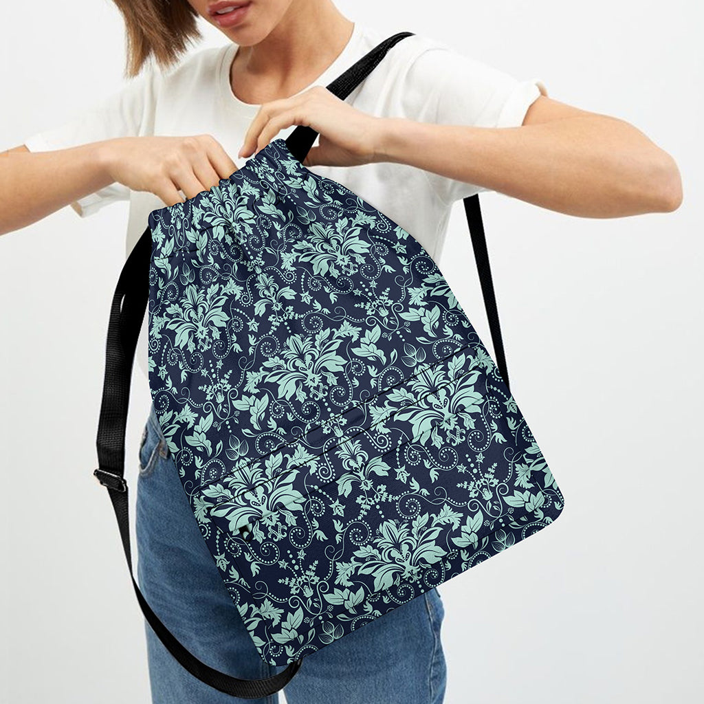 Blue And Teal Damask Pattern Print Drawstring Backpack
