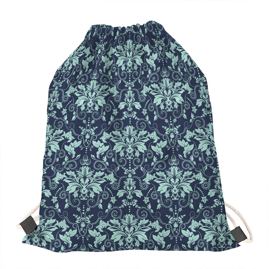 Blue And Teal Damask Pattern Print Drawstring Bag
