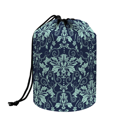 Blue And Teal Damask Pattern Print Drawstring Makeup Bag