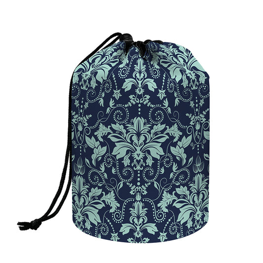 Blue And Teal Damask Pattern Print Drawstring Makeup Bag