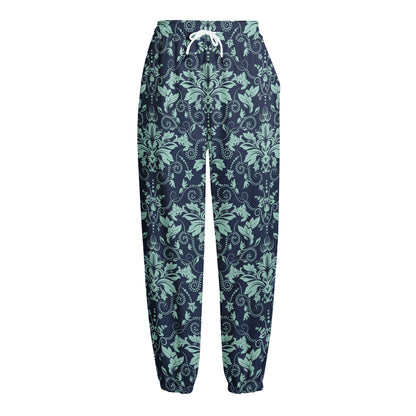 Blue And Teal Damask Pattern Print Fleece Lined Knit Pants
