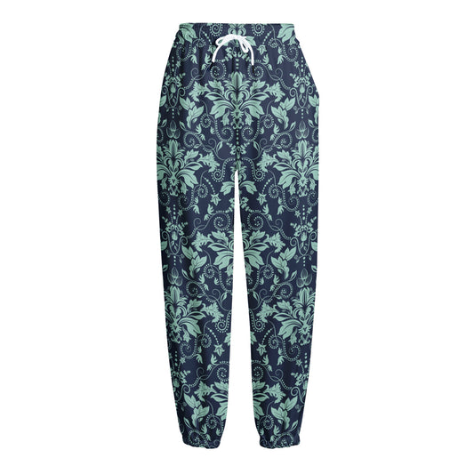 Blue And Teal Damask Pattern Print Fleece Lined Knit Pants