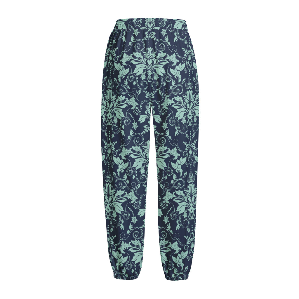 Blue And Teal Damask Pattern Print Fleece Lined Knit Pants