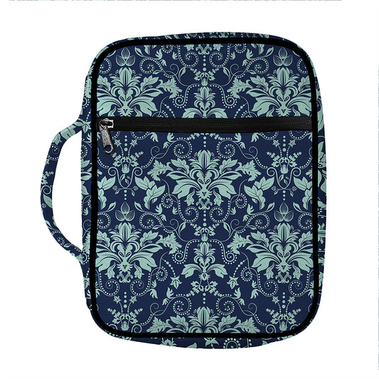 Blue And Teal Damask Pattern Print Front Pocket Bible Bag