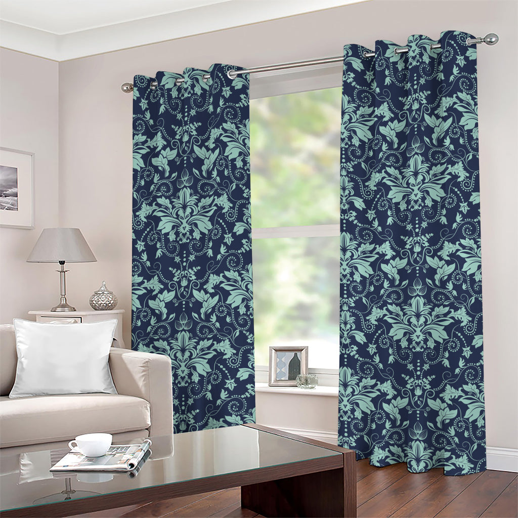 Blue And Teal Damask Pattern Print Grommet Curtains