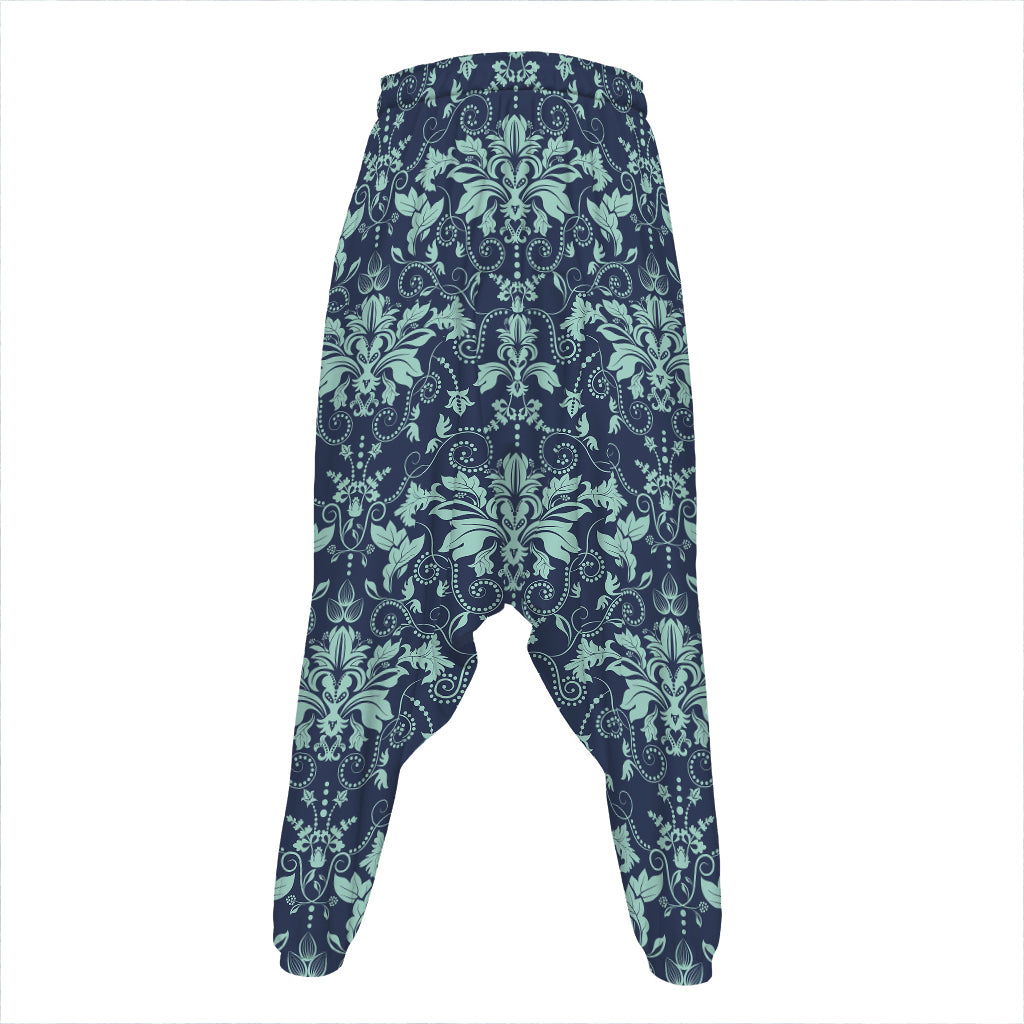 Blue And Teal Damask Pattern Print Hammer Pants