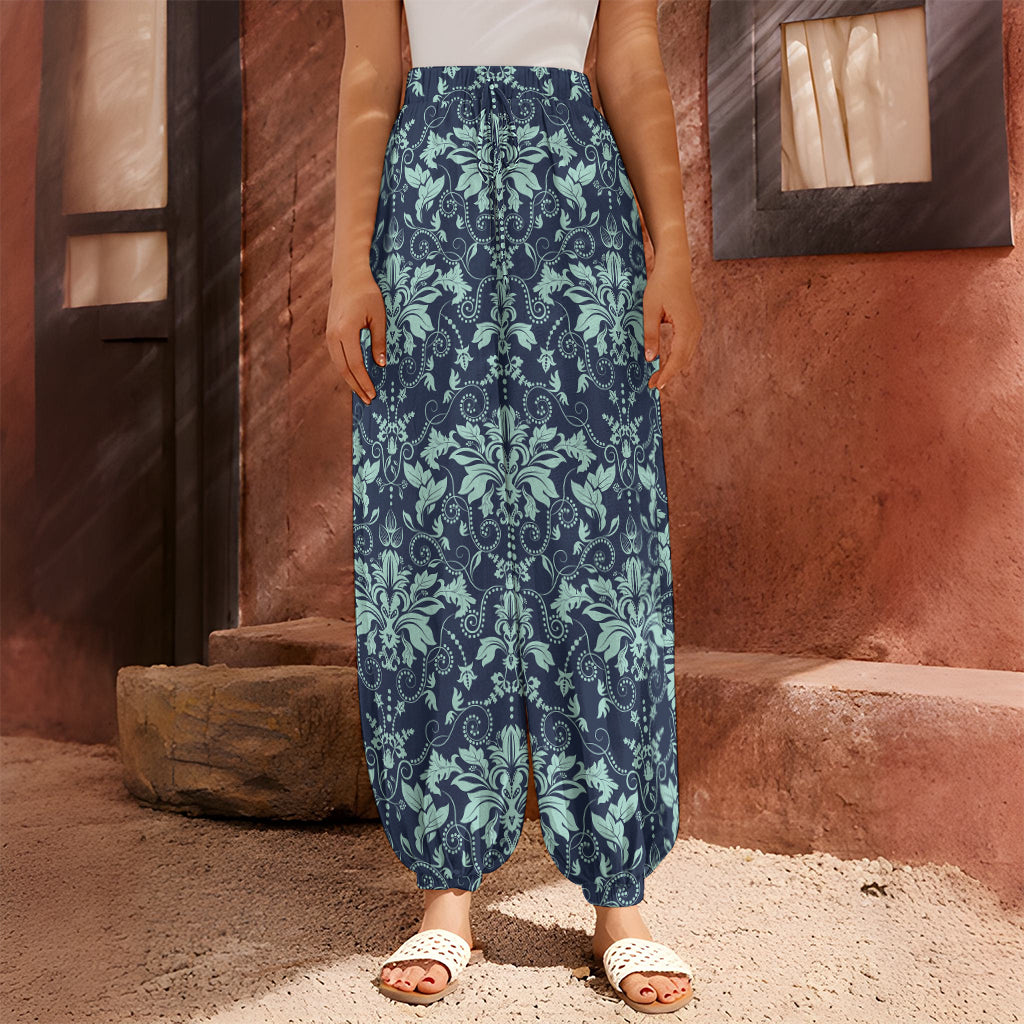 Blue And Teal Damask Pattern Print Harem Pants