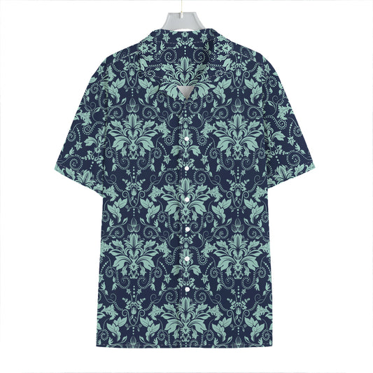 Blue And Teal Damask Pattern Print Hawaiian Shirt
