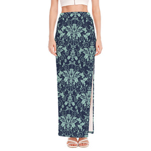 Blue And Teal Damask Pattern Print High Slit Maxi Skirt