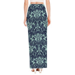 Blue And Teal Damask Pattern Print High Slit Maxi Skirt