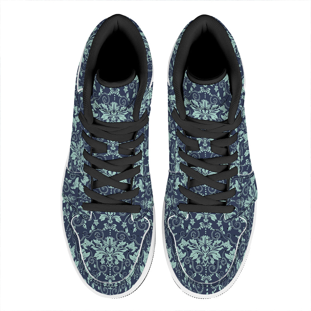 Blue And Teal Damask Pattern Print High Top Leather Sneakers