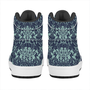 Blue And Teal Damask Pattern Print High Top Leather Sneakers