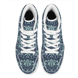 Blue And Teal Damask Pattern Print High Top Leather Sneakers