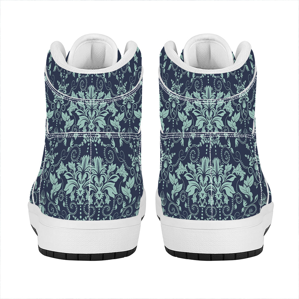 Blue And Teal Damask Pattern Print High Top Leather Sneakers