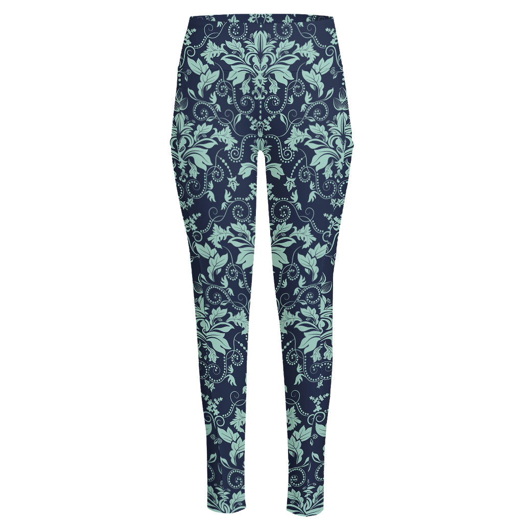 Blue And Teal Damask Pattern Print High-Waisted Pocket Leggings