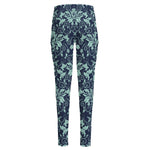 Blue And Teal Damask Pattern Print High-Waisted Pocket Leggings