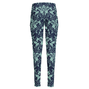 Blue And Teal Damask Pattern Print High-Waisted Pocket Leggings