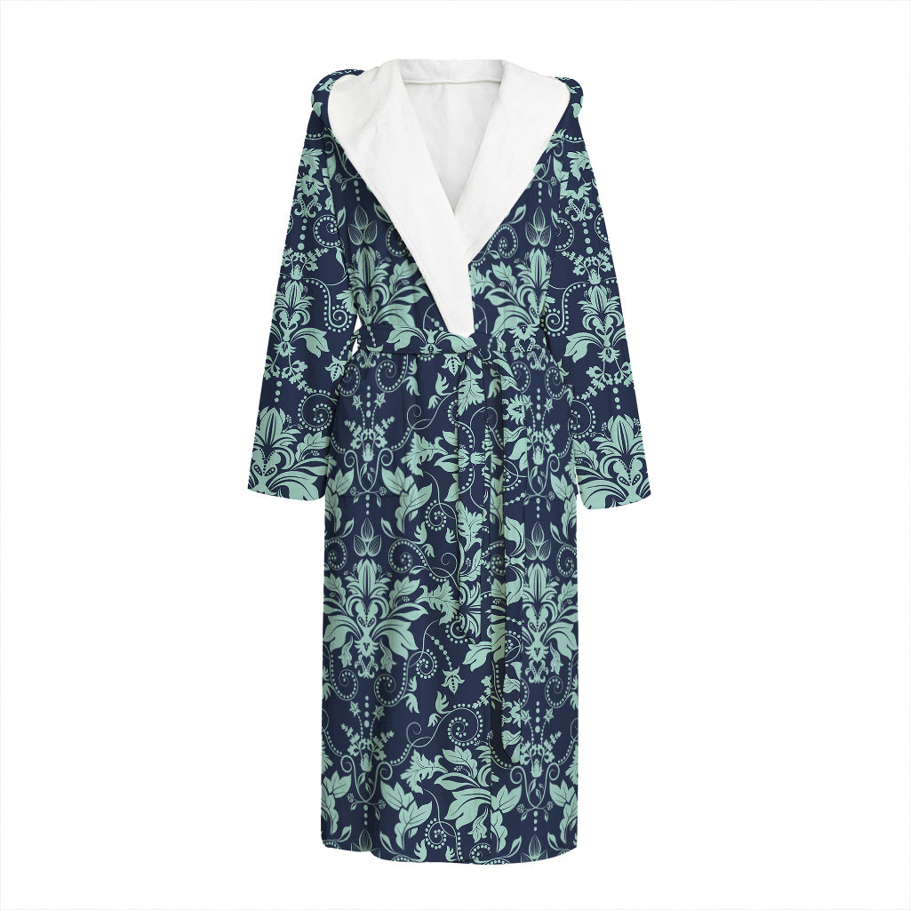 Blue And Teal Damask Pattern Print Hooded Bathrobe