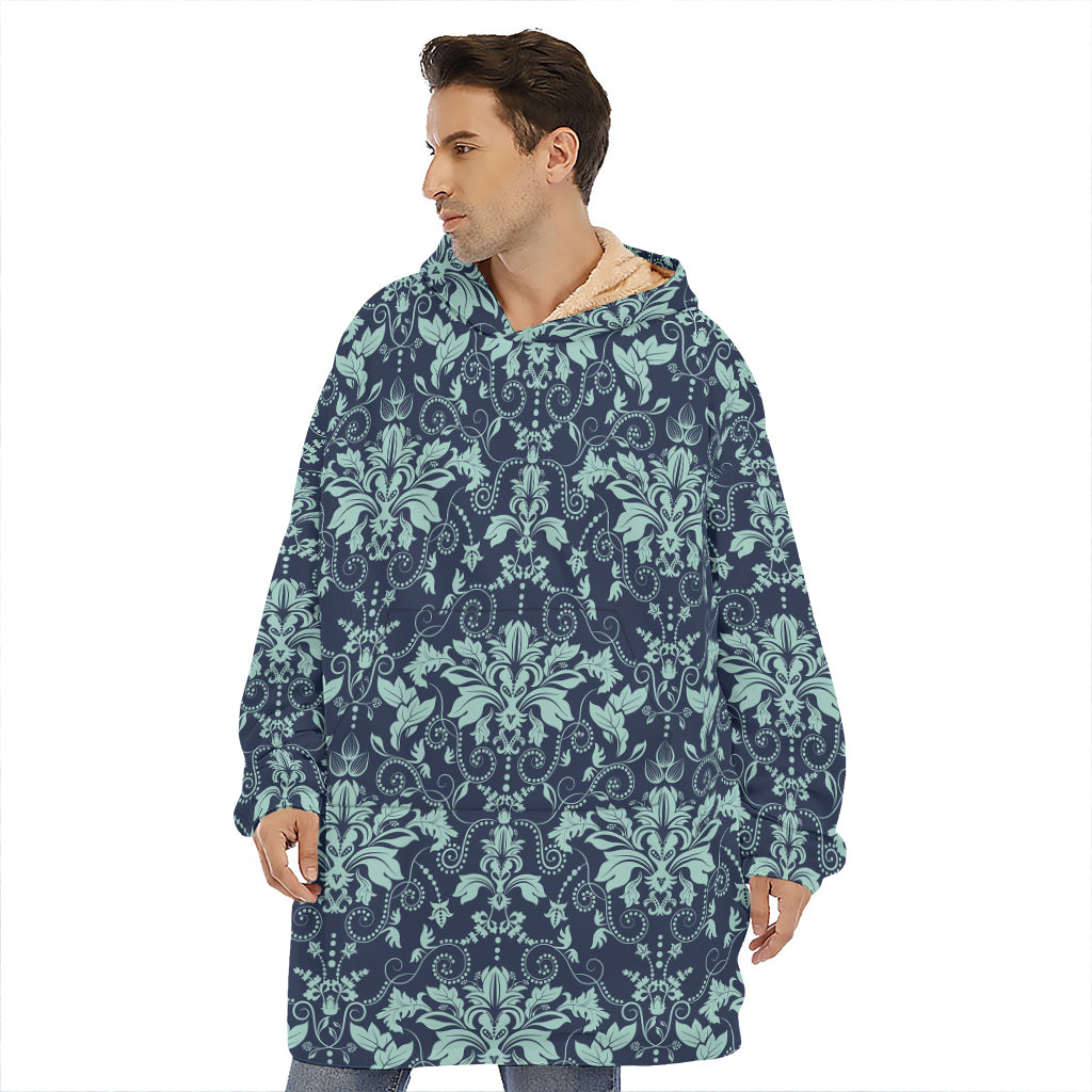 Blue And Teal Damask Pattern Print Hoodie Blanket