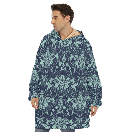 Blue And Teal Damask Pattern Print Hoodie Blanket
