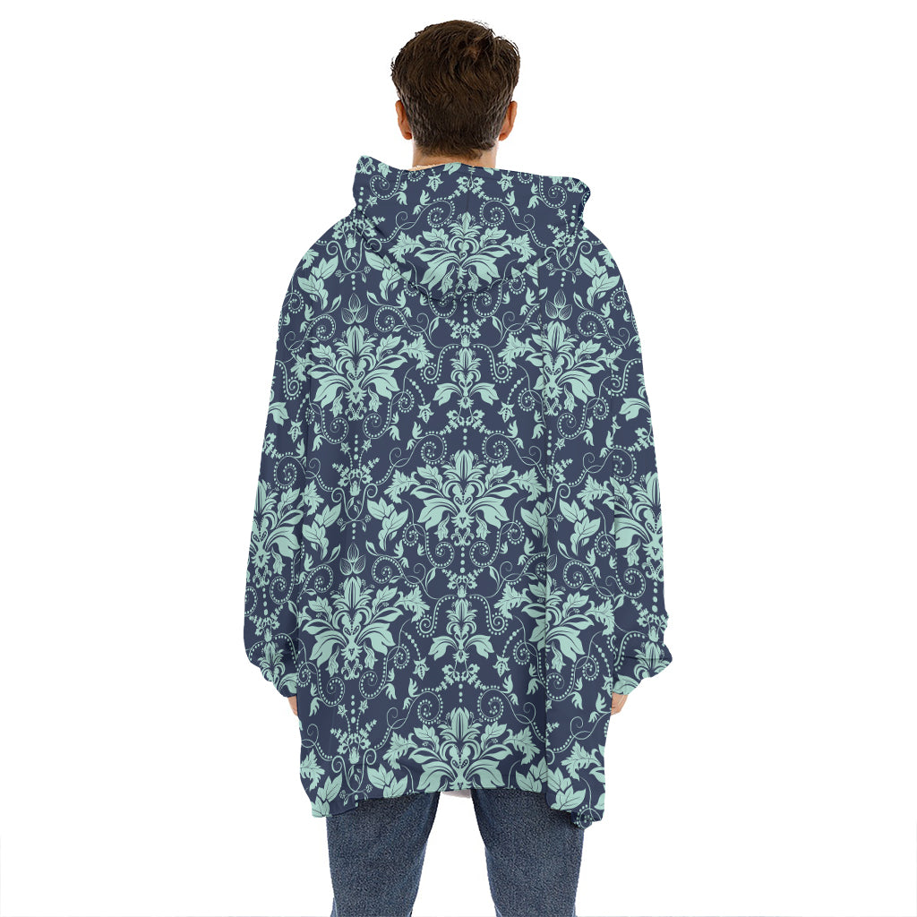 Blue And Teal Damask Pattern Print Hoodie Blanket