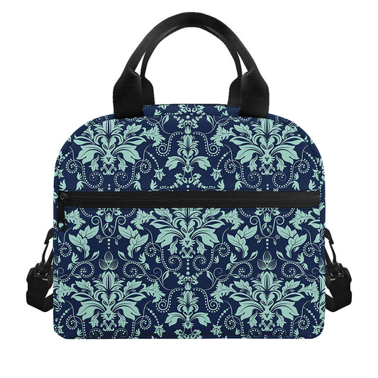 Blue And Teal Damask Pattern Print Insulated Lunch Bag