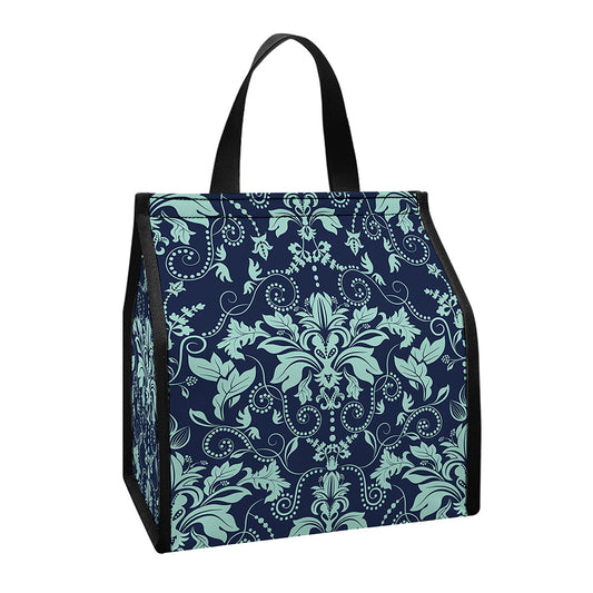 Blue And Teal Damask Pattern Print Insulated Lunch Tote