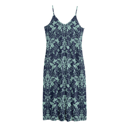 Blue And Teal Damask Pattern Print Jersey Midi Cami Dress