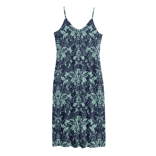 Blue And Teal Damask Pattern Print Jersey Midi Cami Dress