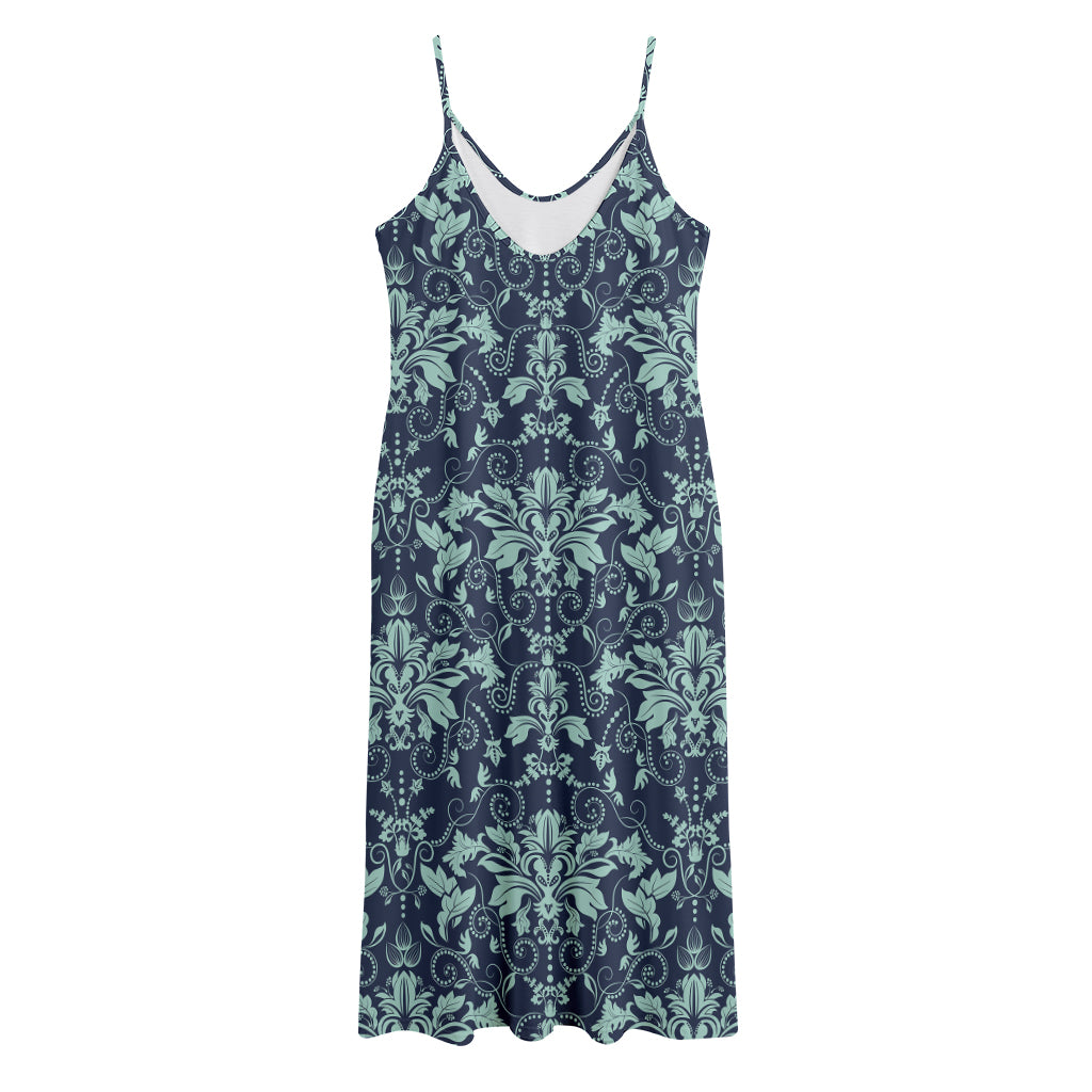 Blue And Teal Damask Pattern Print Jersey Midi Cami Dress