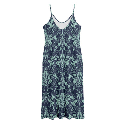 Blue And Teal Damask Pattern Print Jersey Midi Cami Dress